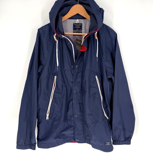 Abercrombie & Fitch Mens Navy Blue Hooded Windbreaker Jacket Water Resistant NWT